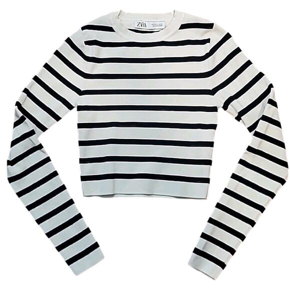 🖤 ZARA Knit Cropped Pullover – White & Black Stripes – Women’s Small – EUC 🤍 - Picture 2 of 7